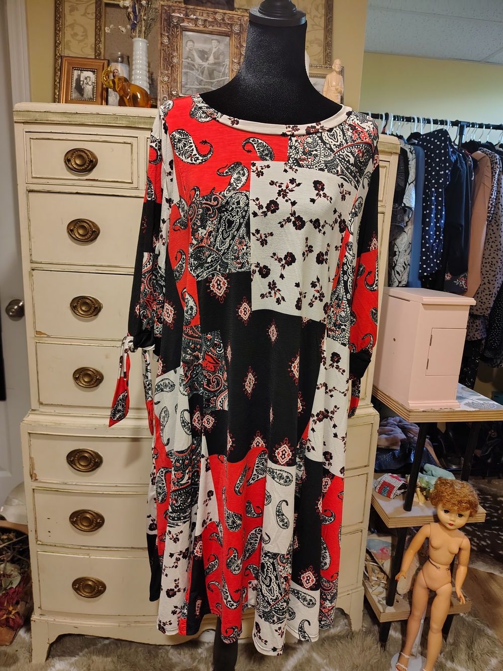 Yahada Red Black White Patchwork Paisley Long Sleeve Swing Dress